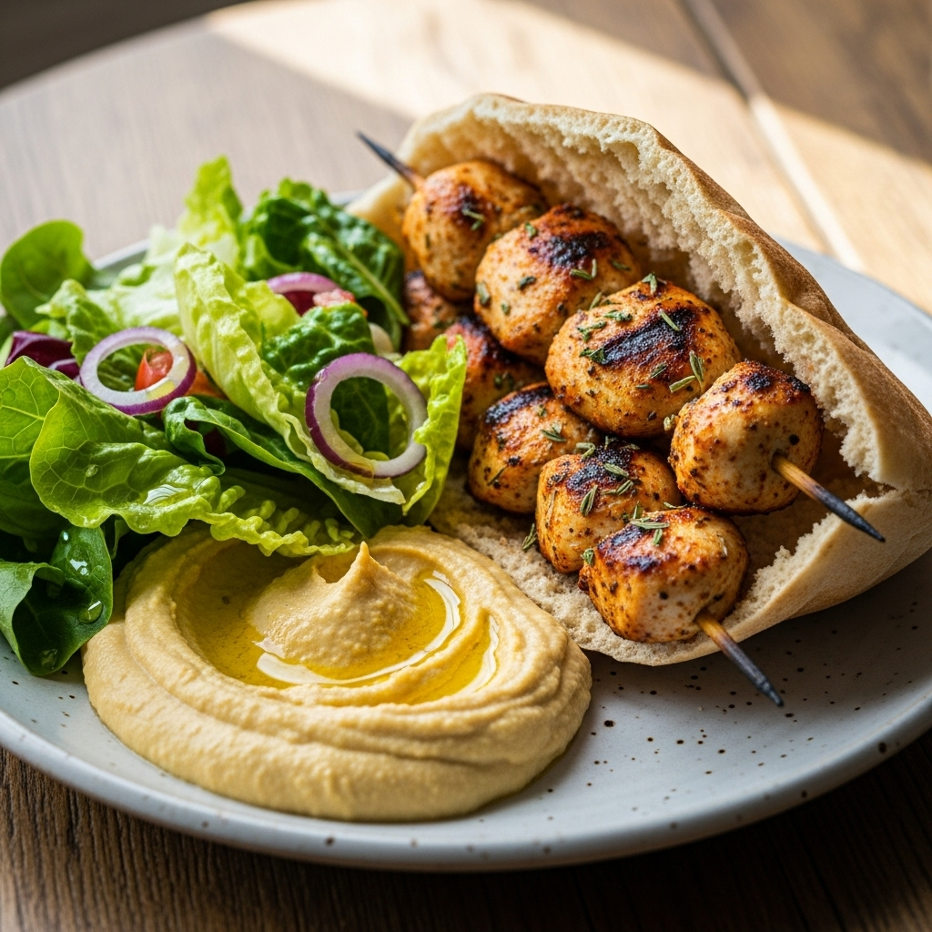 Saftige kyllingespyd i lune pitabrød med cremet hummus og frisk, sprød salat – familievenlig hverdagsret.