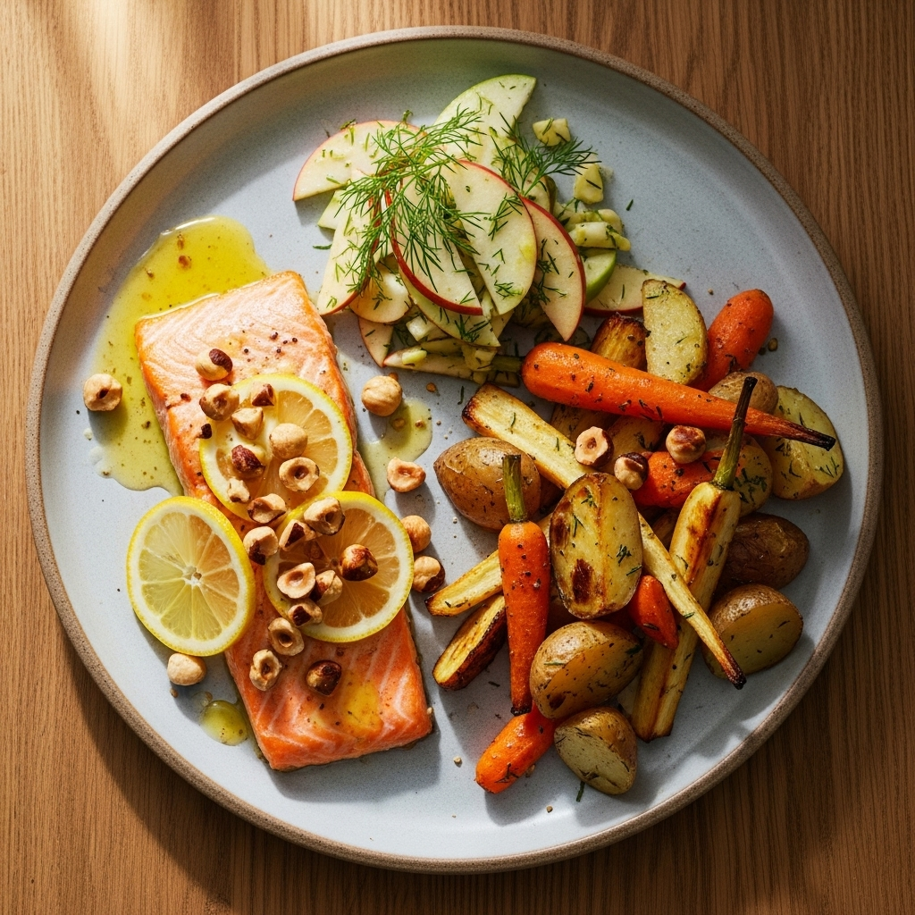 { "alt_text": "Laks med brunet smør, citron og ristede hasselnødder, serveret med ovnbagte rodfrugter og æble-dildsalat", "file_name": "laks-med-brunet-smor-citron-og-ristede-hasselnodder-ovnbagte-rodfrugter-og-aeble-dildsalat-4829" }