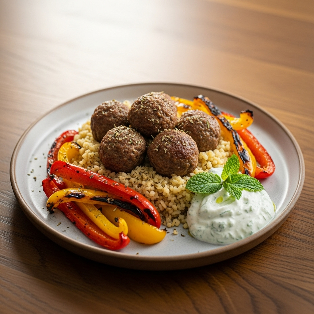 Lammekødboller på bulgur med grillede røde peberfrugter og mynte-yoghurt i skål – mild, familievenlig aftensmad.