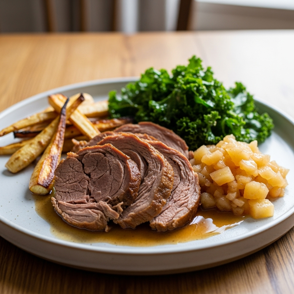 Langtidsbraiseret nakkefilet i skiver med æblekompot, gyldne ovnristede pastinakker og frisk grønkålssalat.
