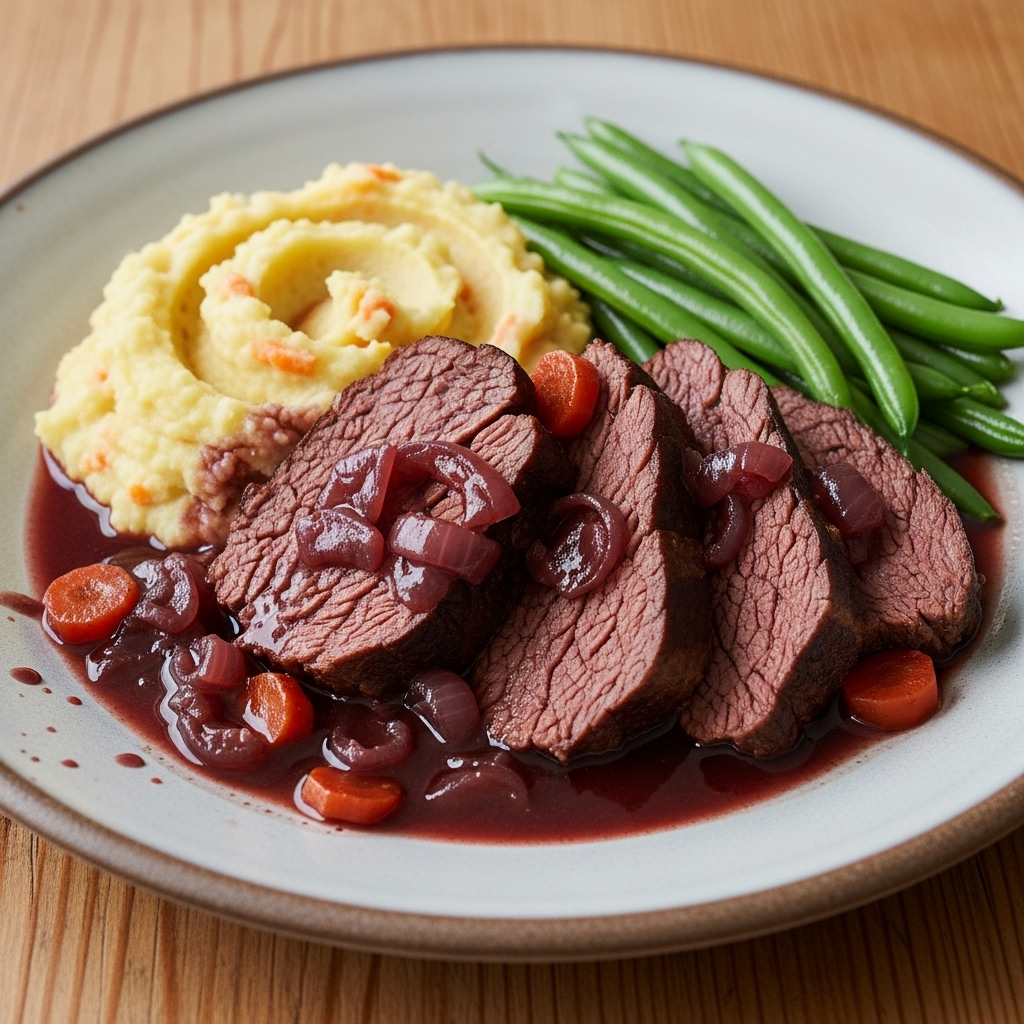 Langtidsbraiseret oksesteg i rødvin med rodfrugtmos og grønne bønner