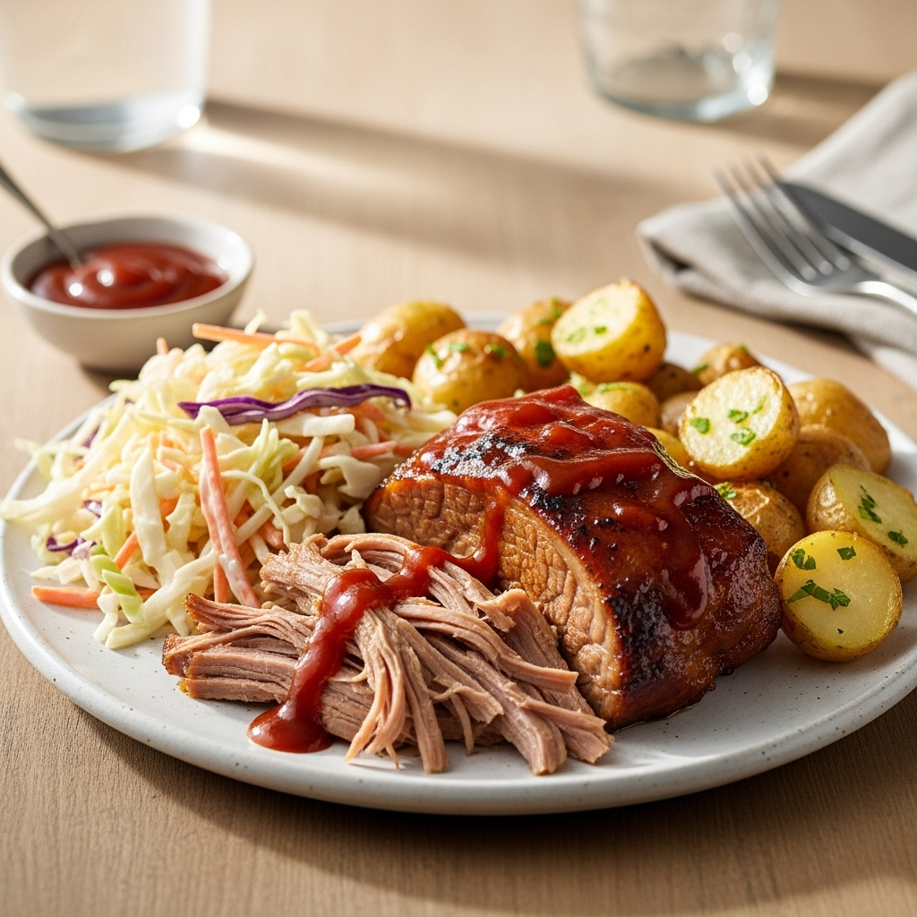 Langtidsstegt nakkefilet med mild BBQ, cremet coleslaw og ovnbagte perlekartofler