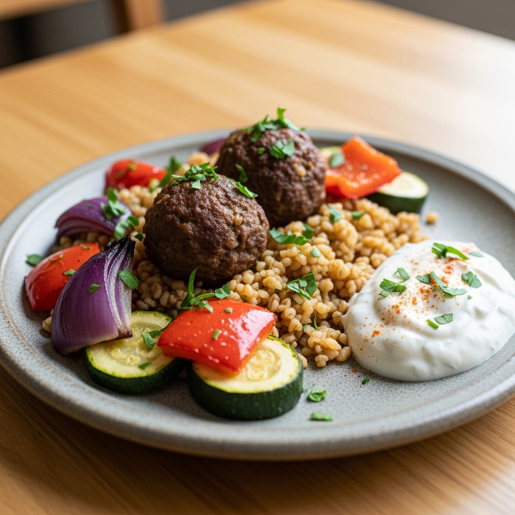 Marokkansk-inspirerede oksekødboller med bulgur, ovnbagte peberfrugter, squash og rødløg samt mild yoghurt-dip.