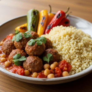 Marokkansk inspireret lammeku00f8dbollegryde med bulgur og grillede peberfrugter