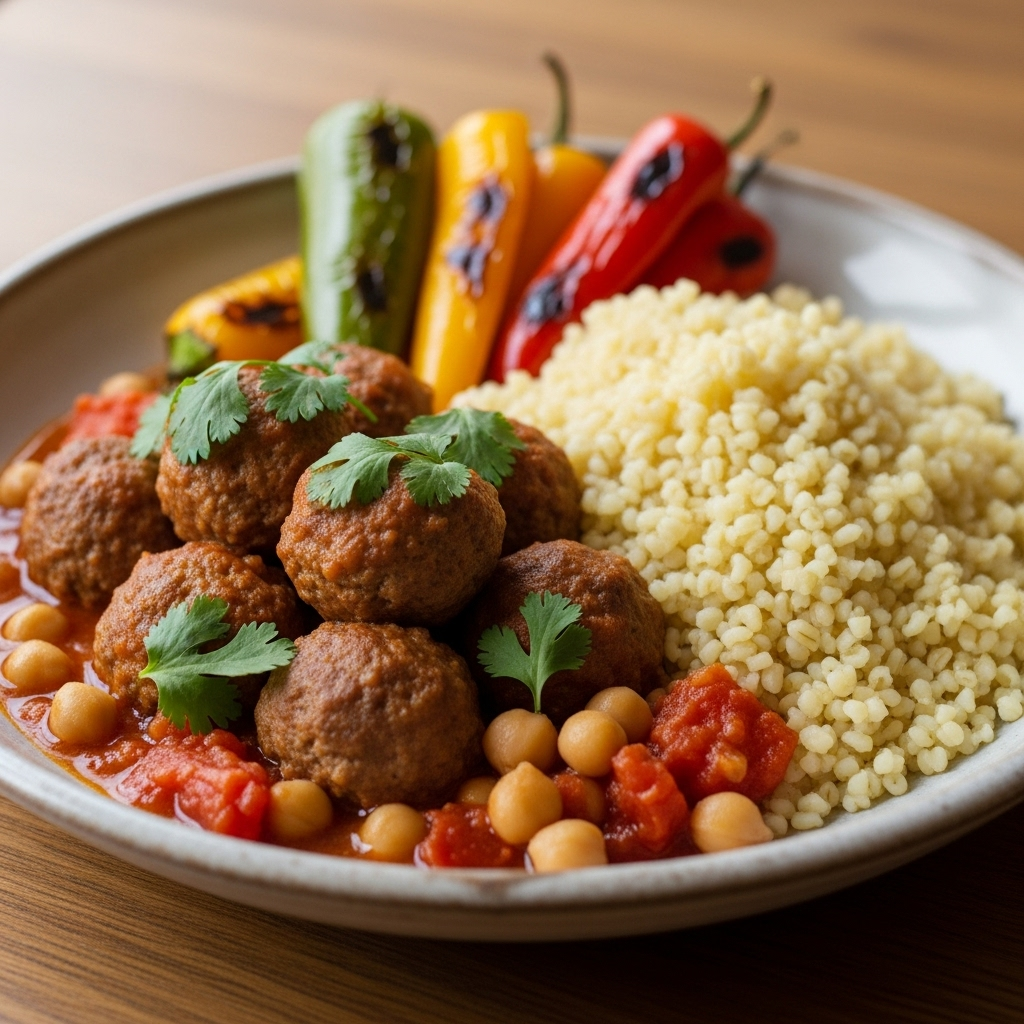 Marokkansk inspireret lammekødbollegryde i varm rød tomat‑kikærtesauce med luftig bulgur, grillede peberfrugter, frisk koriander og citronbåde.