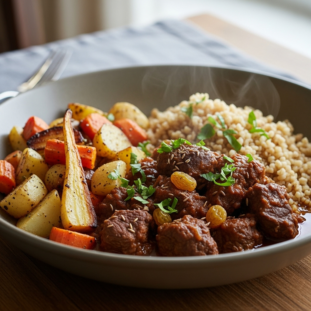 Marokkansk oksekødsgryde med bulgur og ovnbagte rodfrugter