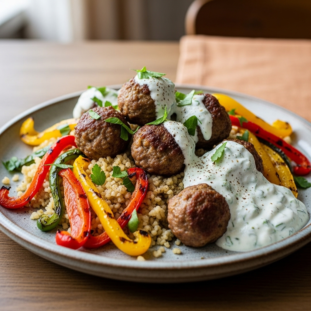 Marokkanske lammekødboller på bulgur med grillede peberfrugter og klatter mynte-yoghurt, toppet med frisk persille og et drys koriander.