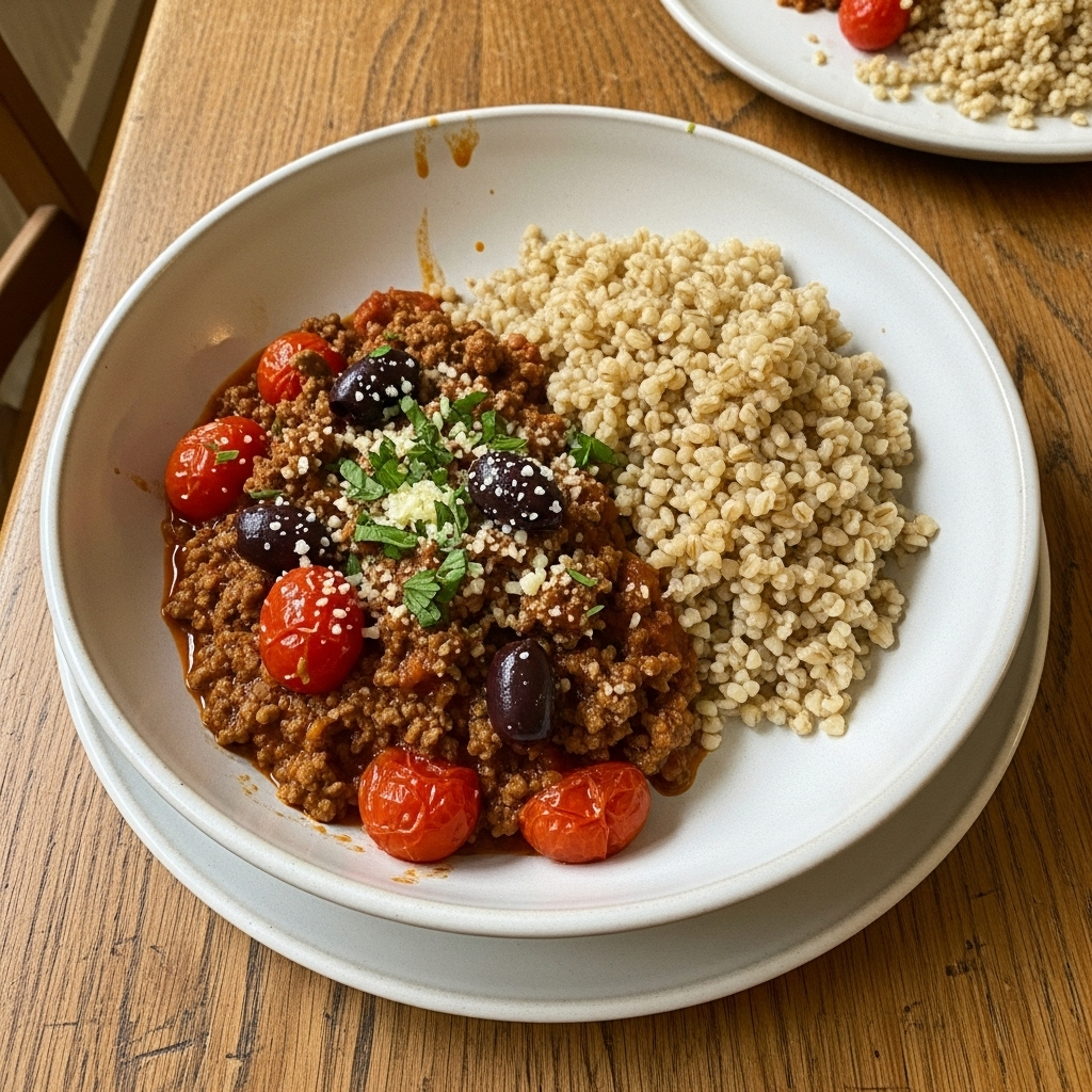 Middelhavs-hakket oksegryde med cherrytomater og fuldkornsbulgur