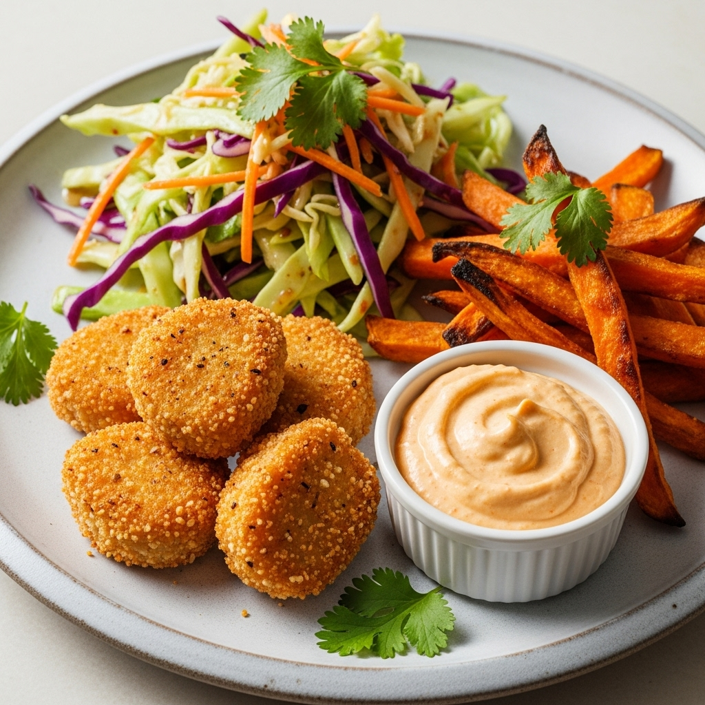 Gyldne kyllingenuggets, lille skål cremet asiatisk dip, ovnbagte søde kartoffelfritter og sprød kålsalat på tallerken.