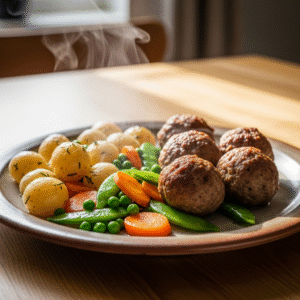 Milde oksefrikadeller i ovn med perlekartofler og dampede u00e6rter/guleru00f8dder