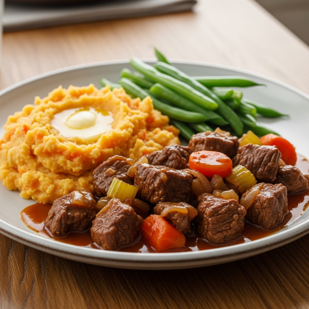Mør oksegryde med rodfrugtmos og dampede grønne bønner