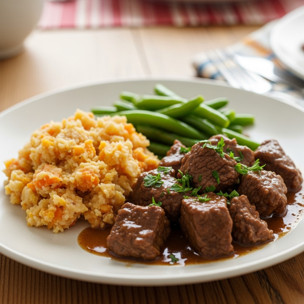 Mør oksegryde med rodfrugtmos og dampede haricots verts