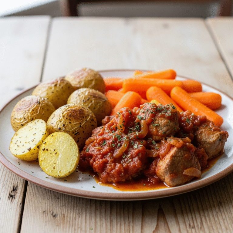 Mør svinekød i krydret tomatsauce med ovnbagte perlekartofler og dampede gulerødder