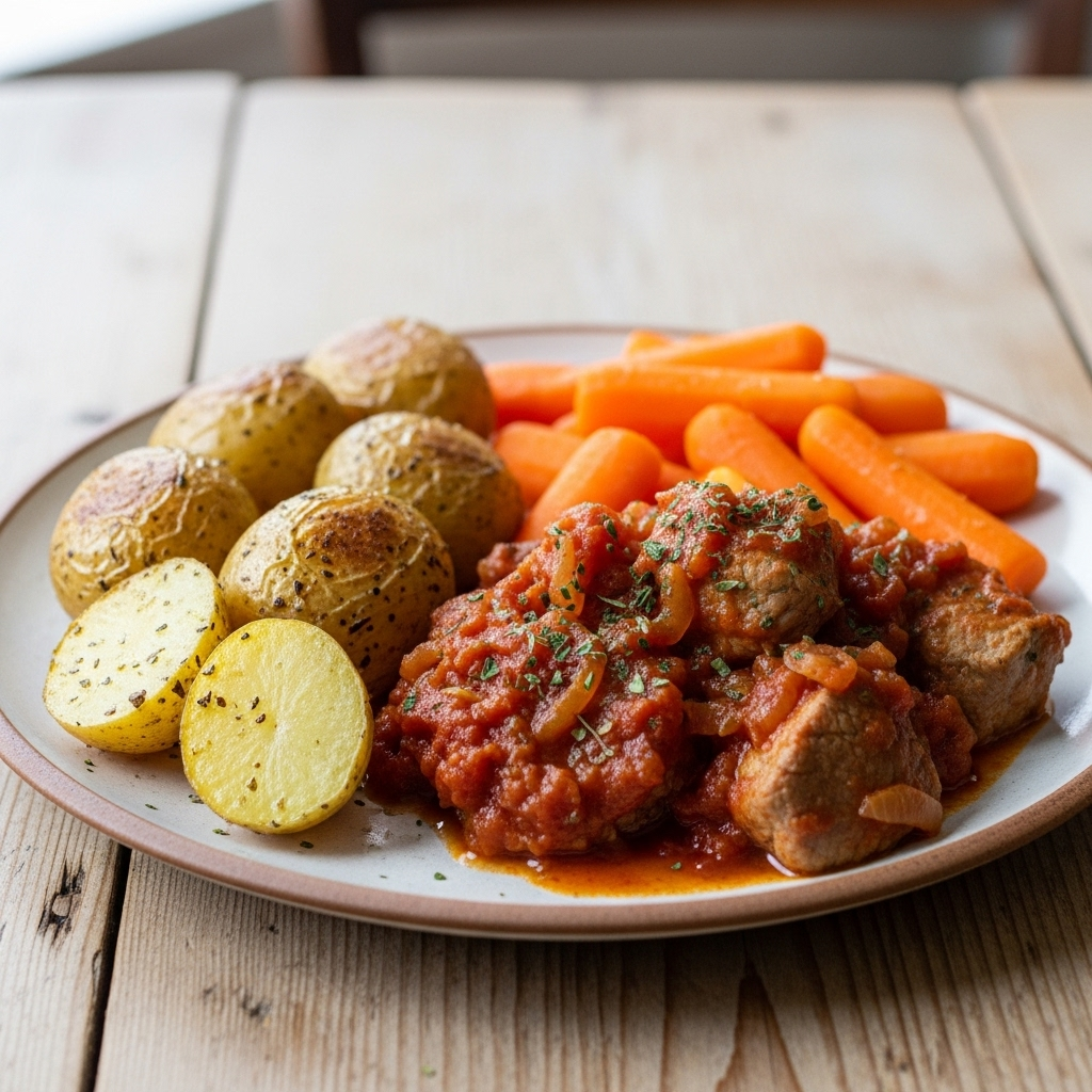 Mør svinekød i krydret tomatsauce med ovnbagte perlekartofler og dampede gulerødder