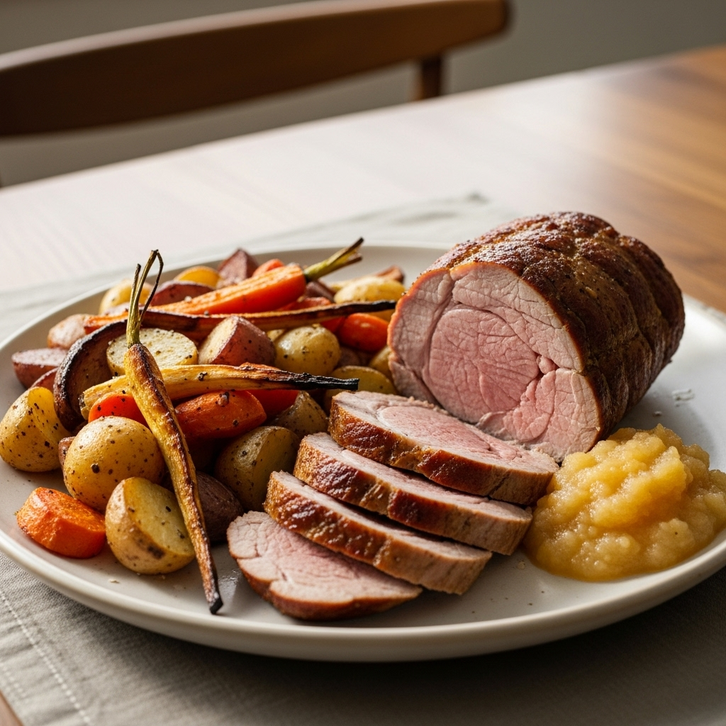 Mør svinemørbrad med bagte rodfrugter og blid æblekompot