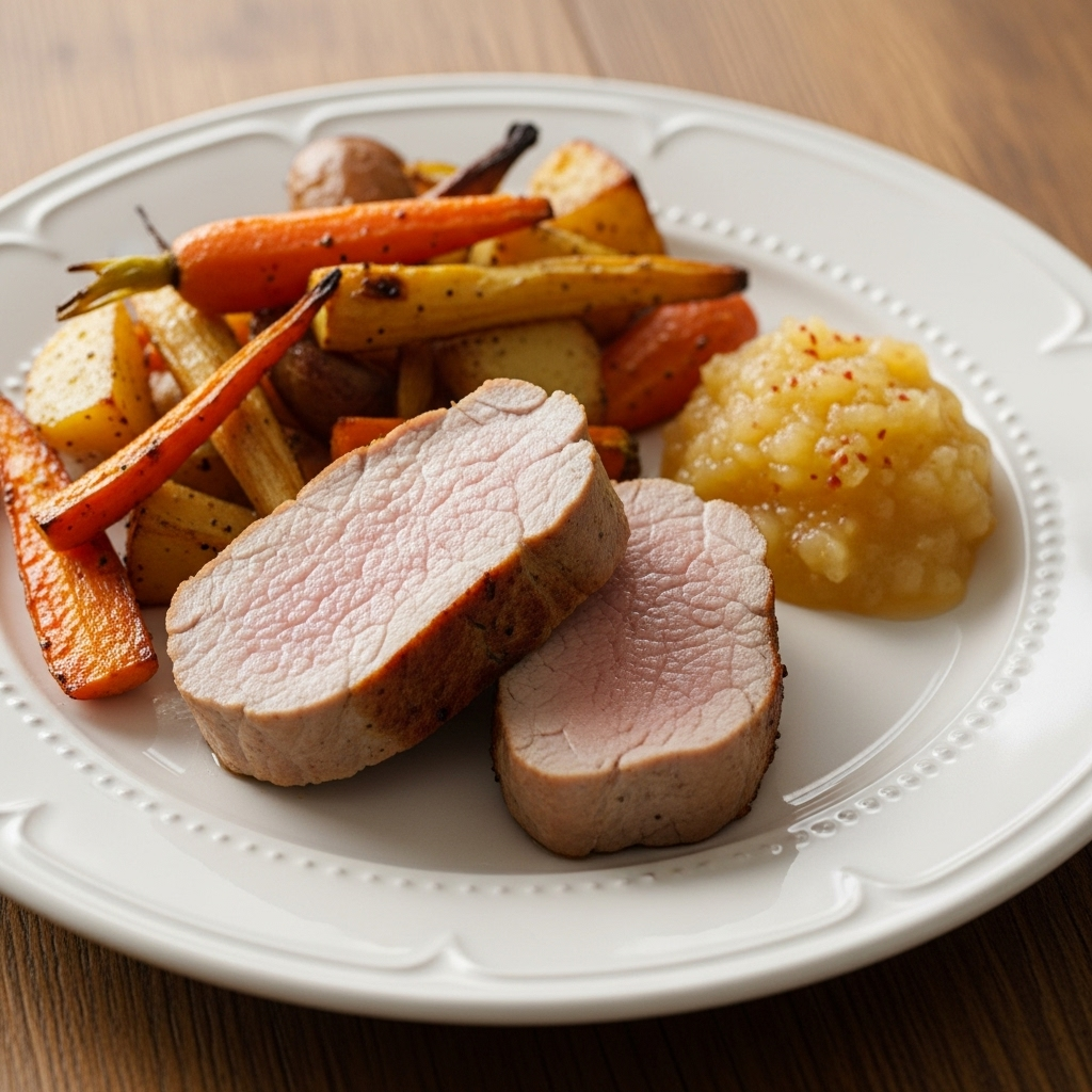 Saftig, skiveskåret svinemørbrad med stegeskorpe, gyldne ovnristede rodfrugter og mild æblekompot anrettet på tallerken