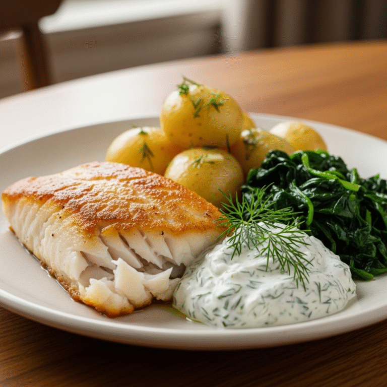 Mørksej med dildcreme, nye kartofler og smørstegt spinat