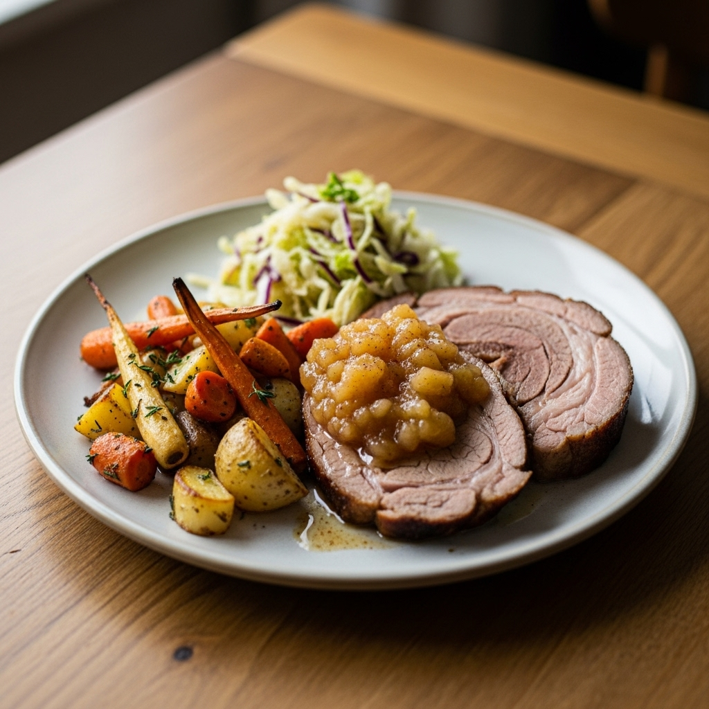 Nakkefilet med æblekompot, ovnbagte rodfrugter og sprød kål
