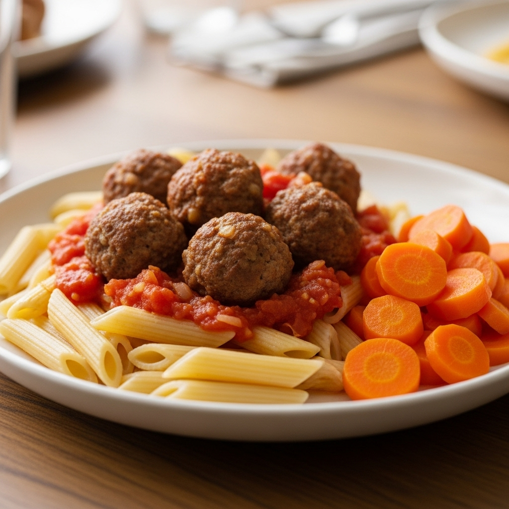 Tallerken med oksekødboller i mild tomatsauce, penne og dampede gulerødder.