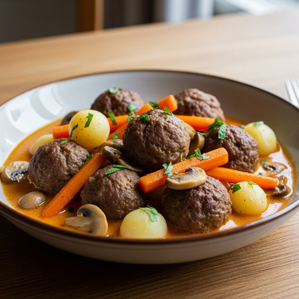 Oksefrikadellegryde med svampe, perlekartofler og gulerodsstave