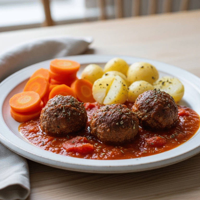 Oksefrikadeller i mild tomatsauce med perlekartofler og dampede gulerødder
