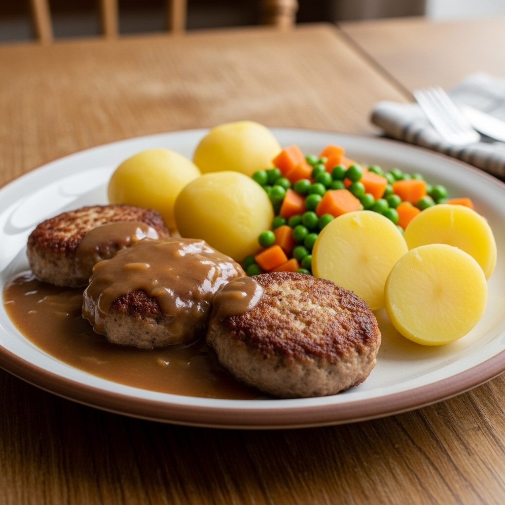 Oksefrikadeller med brun sovs, kogte kartofler og ærter/gulerødder