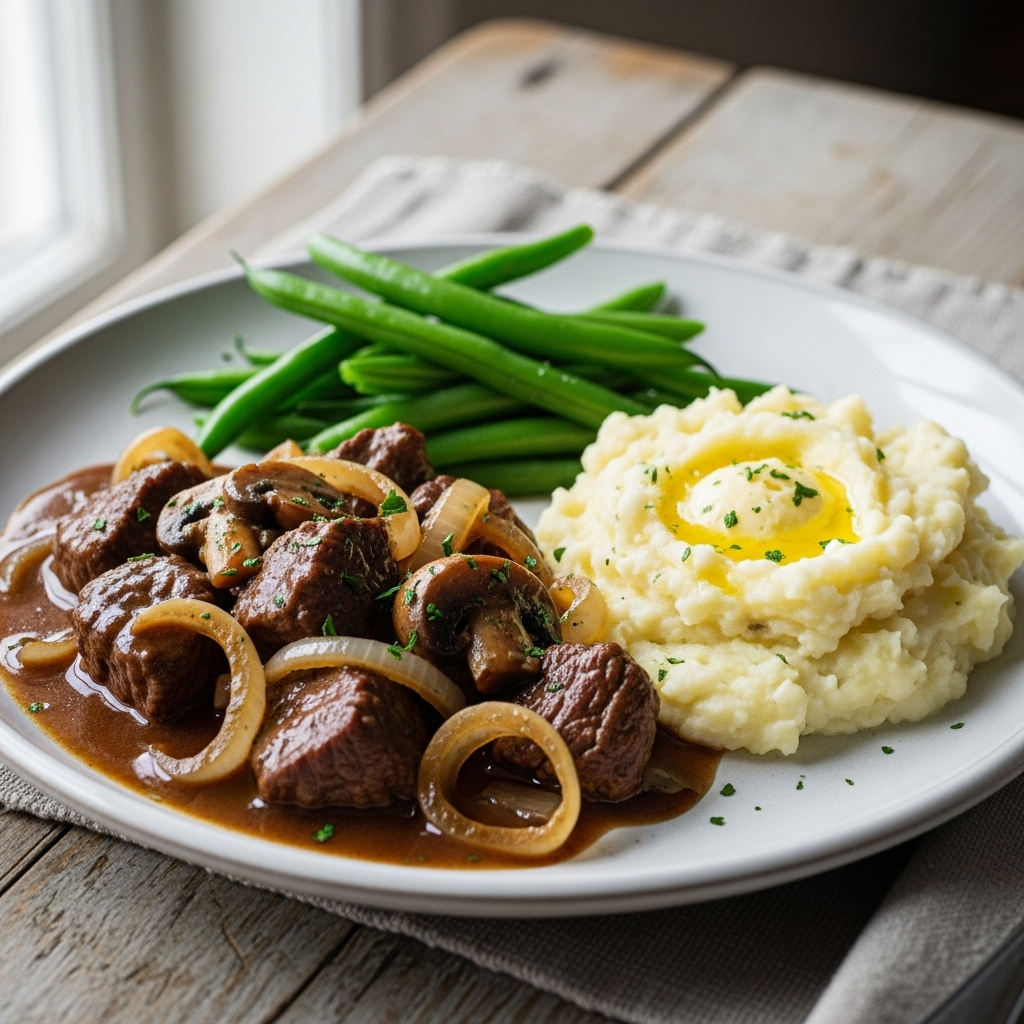 Oksegryde med svampe og bløde løg, serveret med cremet kartoffelmos og dampede grønne bønner