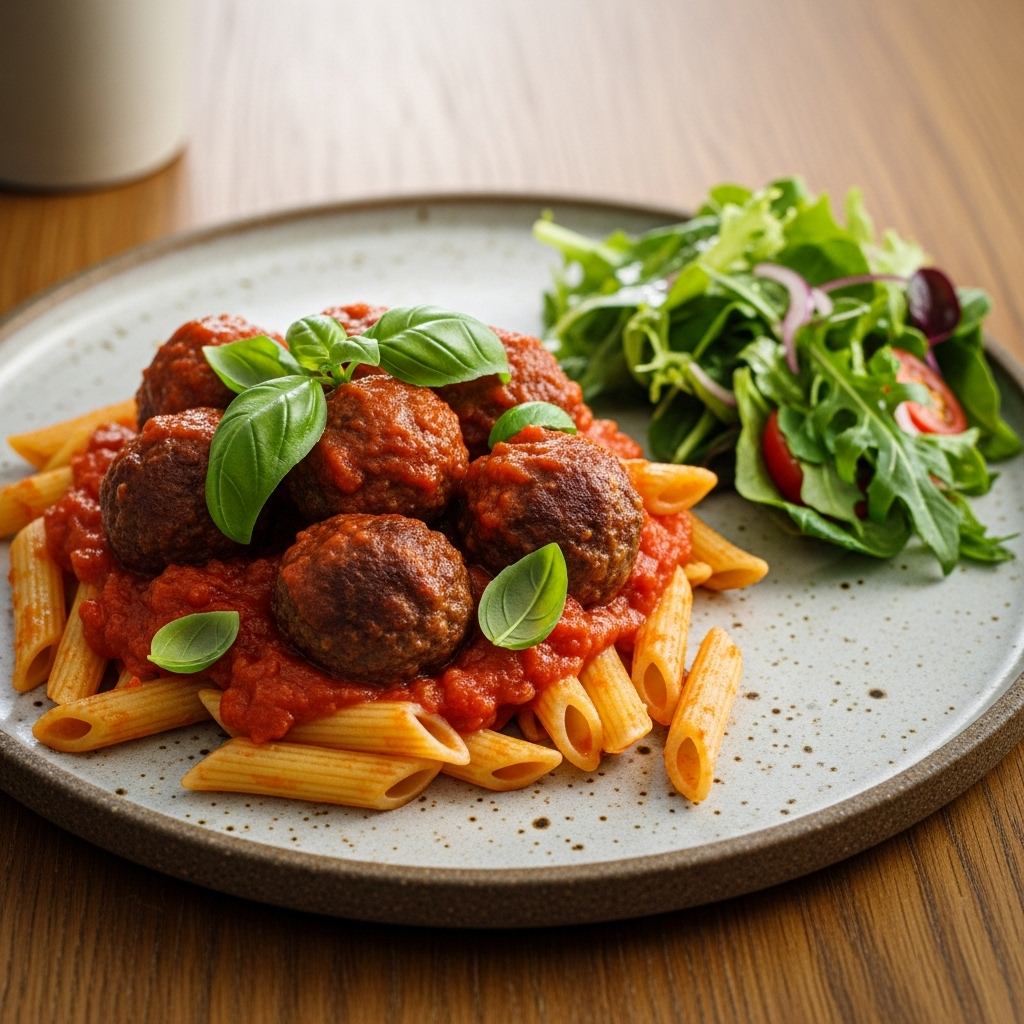 Oksekødsboller i mild tomatsauce med penne og grøn salat