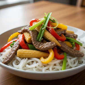 Oksewok med spru00f8d peber, babymajs og risnudler