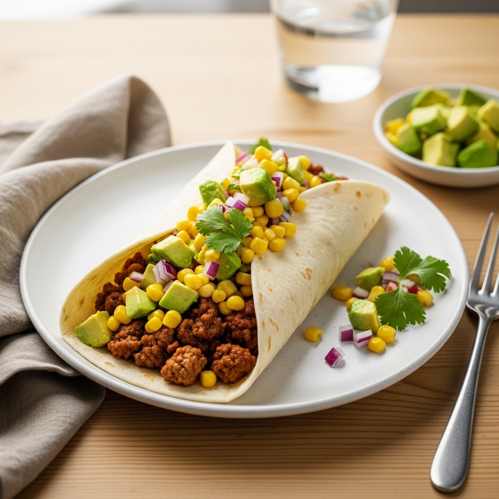 Bløde wraps med krydret oksekød og frisk majs-avocadosalsa, toppet med løg og citron.