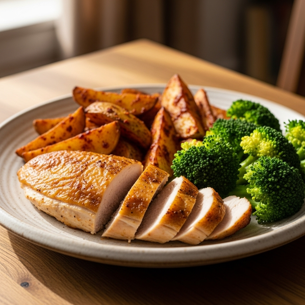 Ovnbagt kyllingebryst med BBQ-kartoffelbåde og dampet broccoli