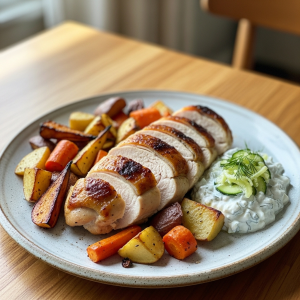 Ovnbagt kyllingebryst med rodfrugter og tzatziki
