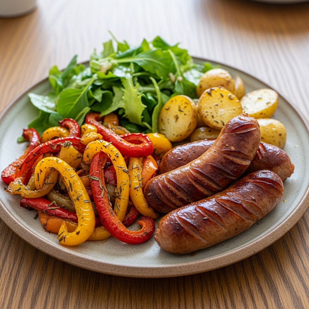 Bagte salsiccia og peberfrugter på bageplade, serveret med krydrede perlekartofler og grøn salat ved siden af.