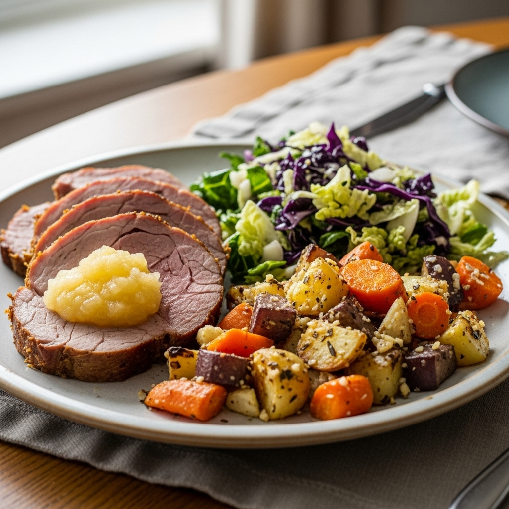Ovnstegt nakkefilet med æblekompot, ovnbagte rodfrugter og sprød kål