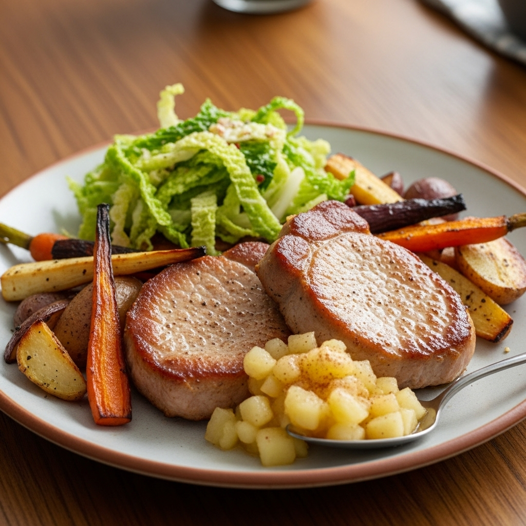 Ovnstegte nakkekoteletter med æblekompot, ovnbagte rodfrugter og sprød spidskål