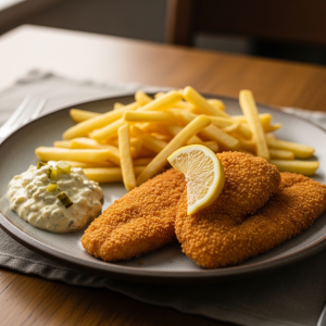 Panerede fisk med pommes frites og remoulade