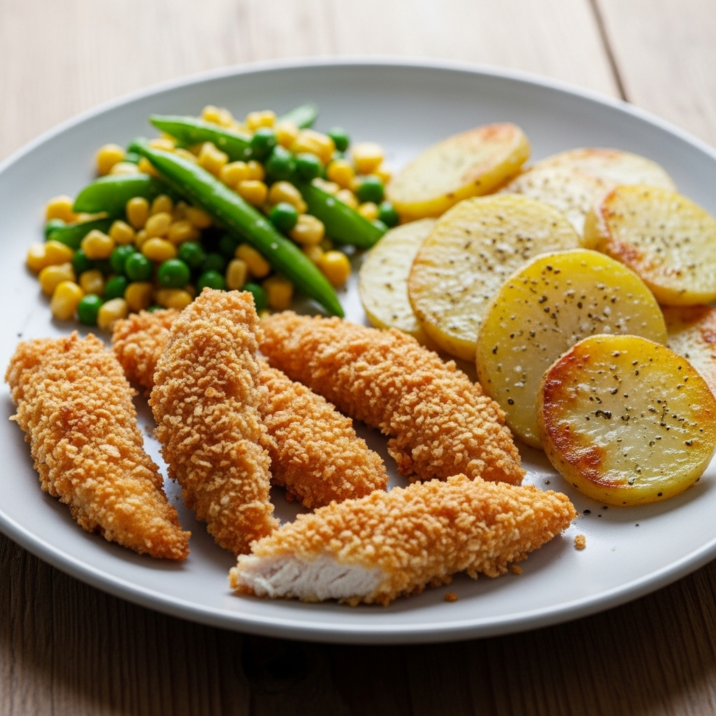 Sprøde panko-paneret kyllingestrimler med ovnbagte kartoffelskiver og farverig majs-ærtesalat på tallerken.