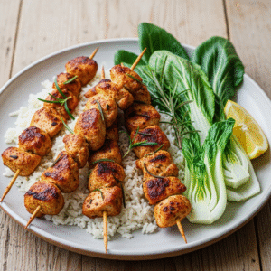 Paprika- og rosmarinstegte kyllingespyd med jasminris og spru00f8d pak choi
