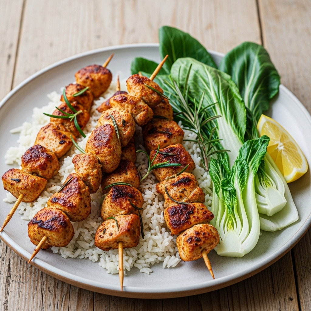 Paprika- og rosmarinstegte kyllingespyd på jasminris, med sprød pak choi ved siden af og en citronbåd.