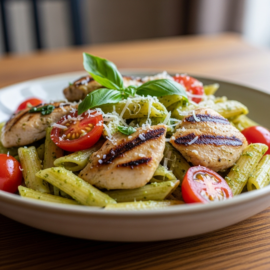 Penne i grøn pesto med skiver af grillet kylling, halverede cherrytomater og revet Parmigiano, pyntet med frisk basilikum.
