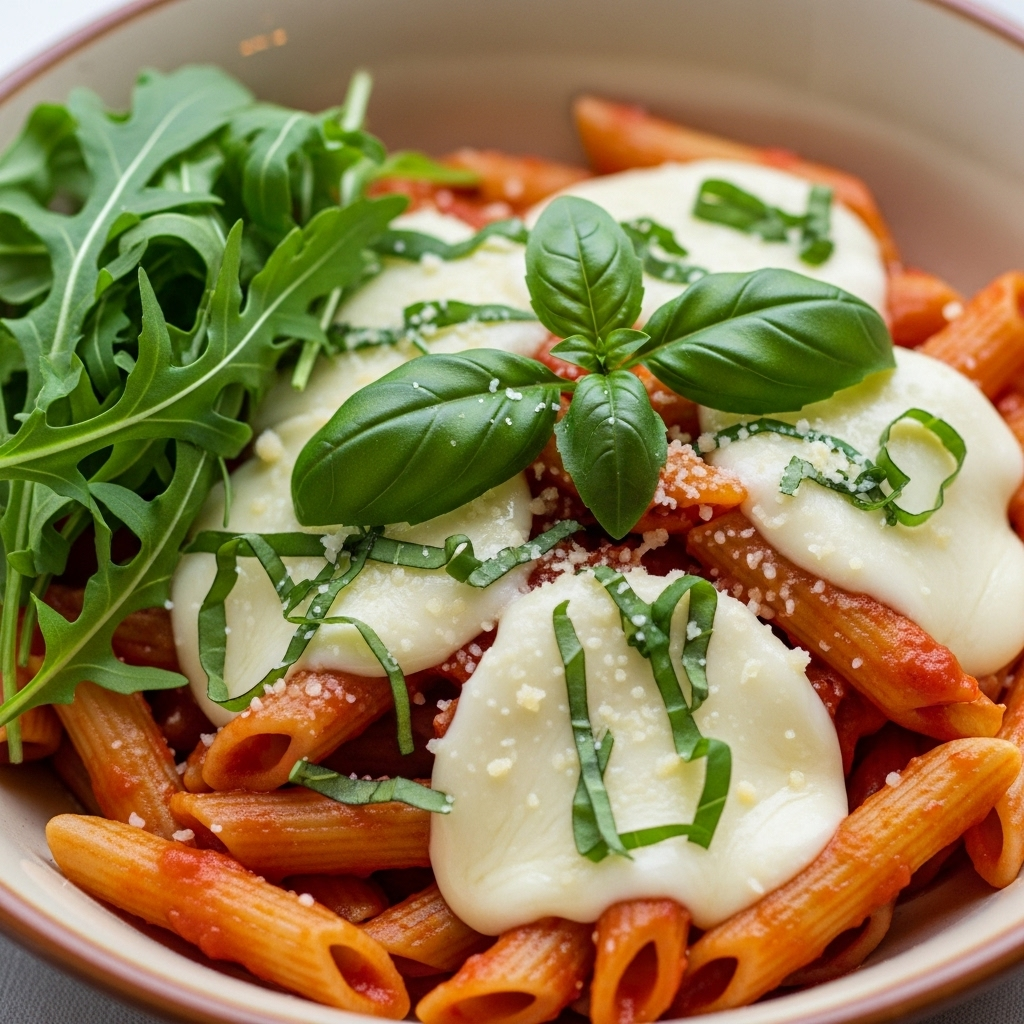 Al dente penne i varm tomatsauce med smeltet mozzarella, frisk basilikum, rucola og revet Parmigiano.