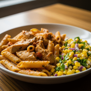 Penne med kylling i tomat-pesto og majs-salat