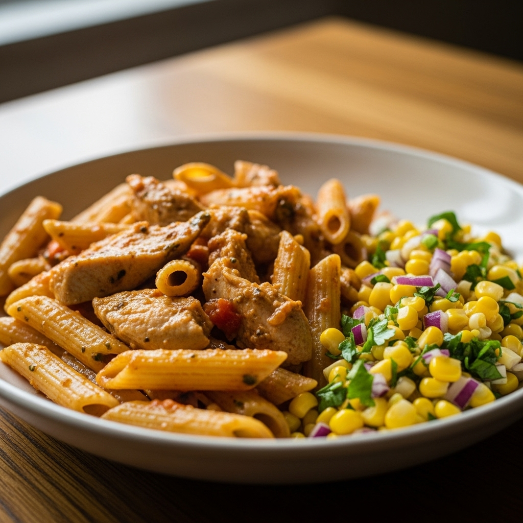Penne med kylling i tomat-pesto og majs-salat
