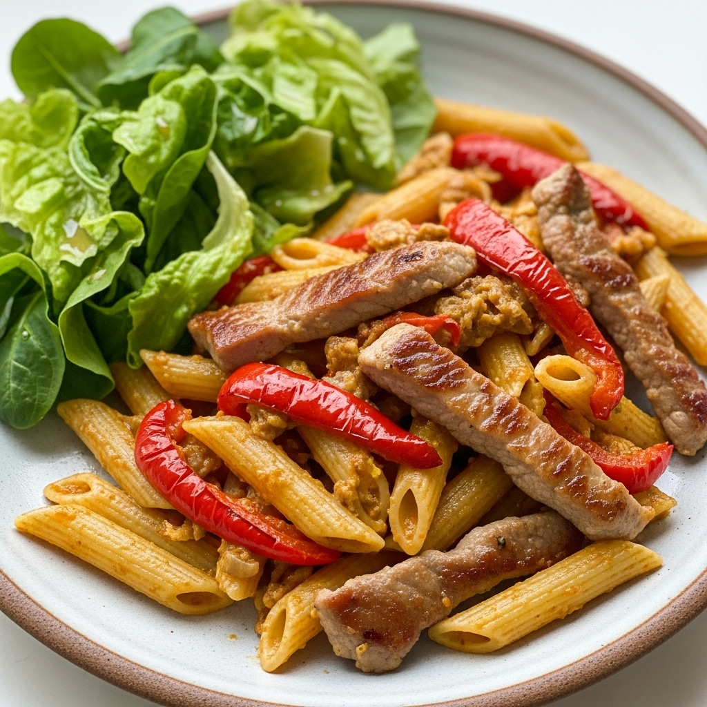 Penne i rød pesto med saftigt svinekød og bagte peberfrugter, serveret med sprød grøn salat.