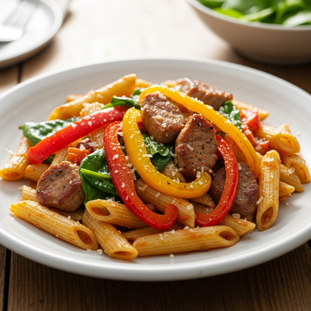 Penne med saftigt svinekød, rød pesto og bagte peberfrugter