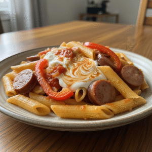 Penne med salsiccia, ru00f8d peber og ricotta