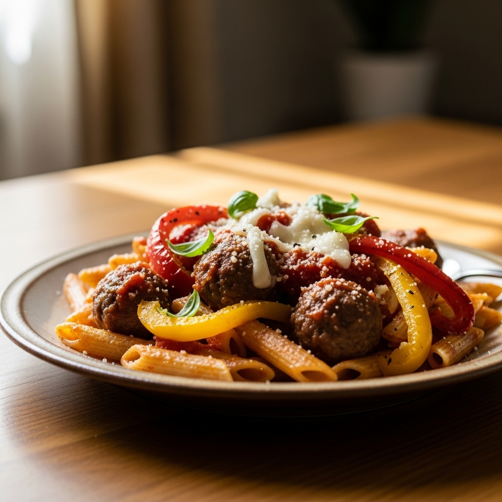 Penne med små kødboller i fyldig tomatsauce, bagte peberfrugter og smeltet mozzarella, toppet med frisk basilikum på tallerken.