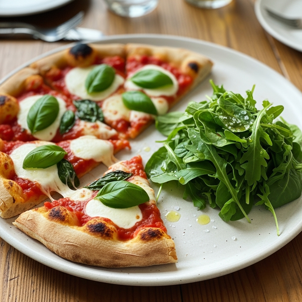 Sprød Pizza Margherita med tomat, frisk mozzarella og basilikum, serveret med simpel grøn salat.