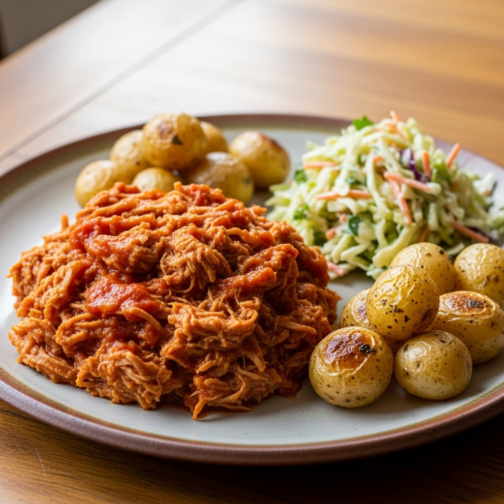 Pulled svinekød i mild tomat- og paprikasauce med ovnbagte perlekartofler og coleslaw