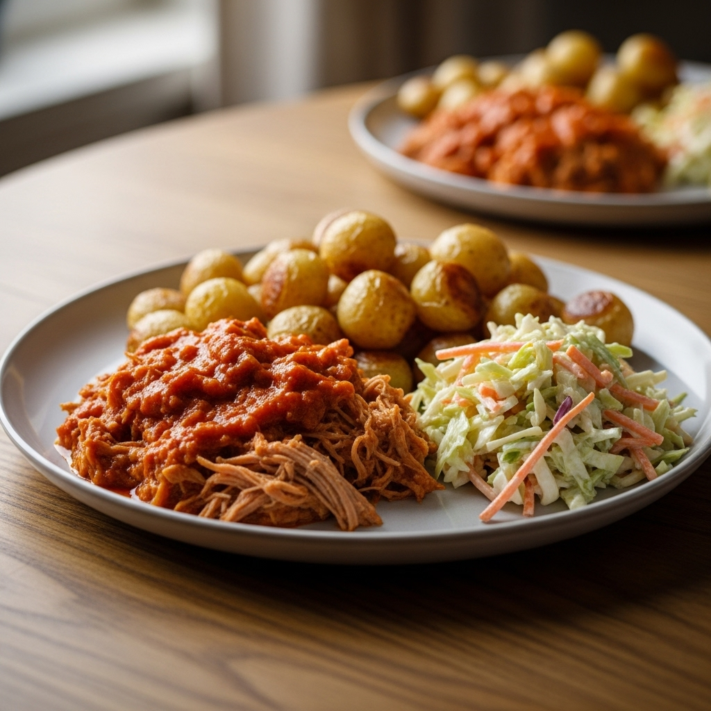 Tallerken med pulled svinekød i mild tomat- og paprikasauce, sprøde ovnbagte perlekartofler og cremet coleslaw.